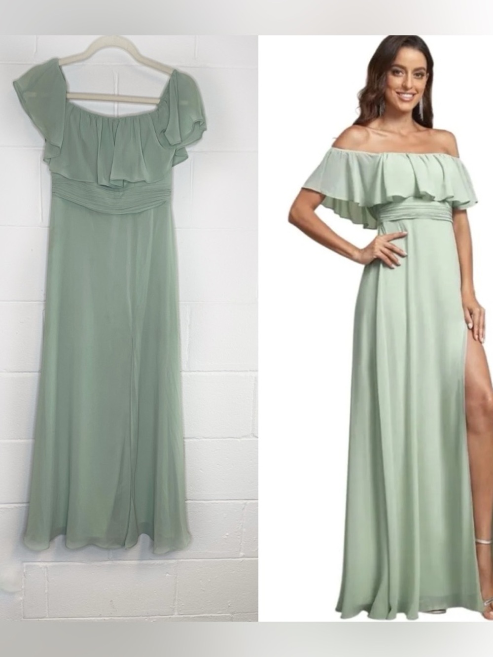 Ever Pretty Chiffon Mint Green Ruffle Top Off Shoulder Slit Front Dress
